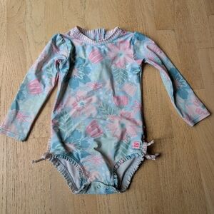 Ruffle Butts Floral Kids Swim Rashguard - Blue And Pink Floral Print Size 3T
